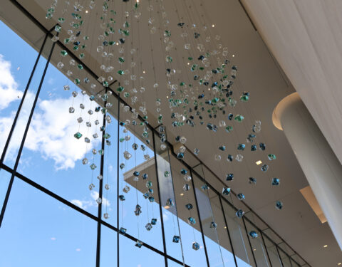 View of the suspended sculpture from the interior, mid day View of the suspended sculpture from the interior, mid day