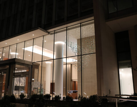 Night time view of the suspended sculpture from the street outside Night time view of the suspended sculpture from the street outside